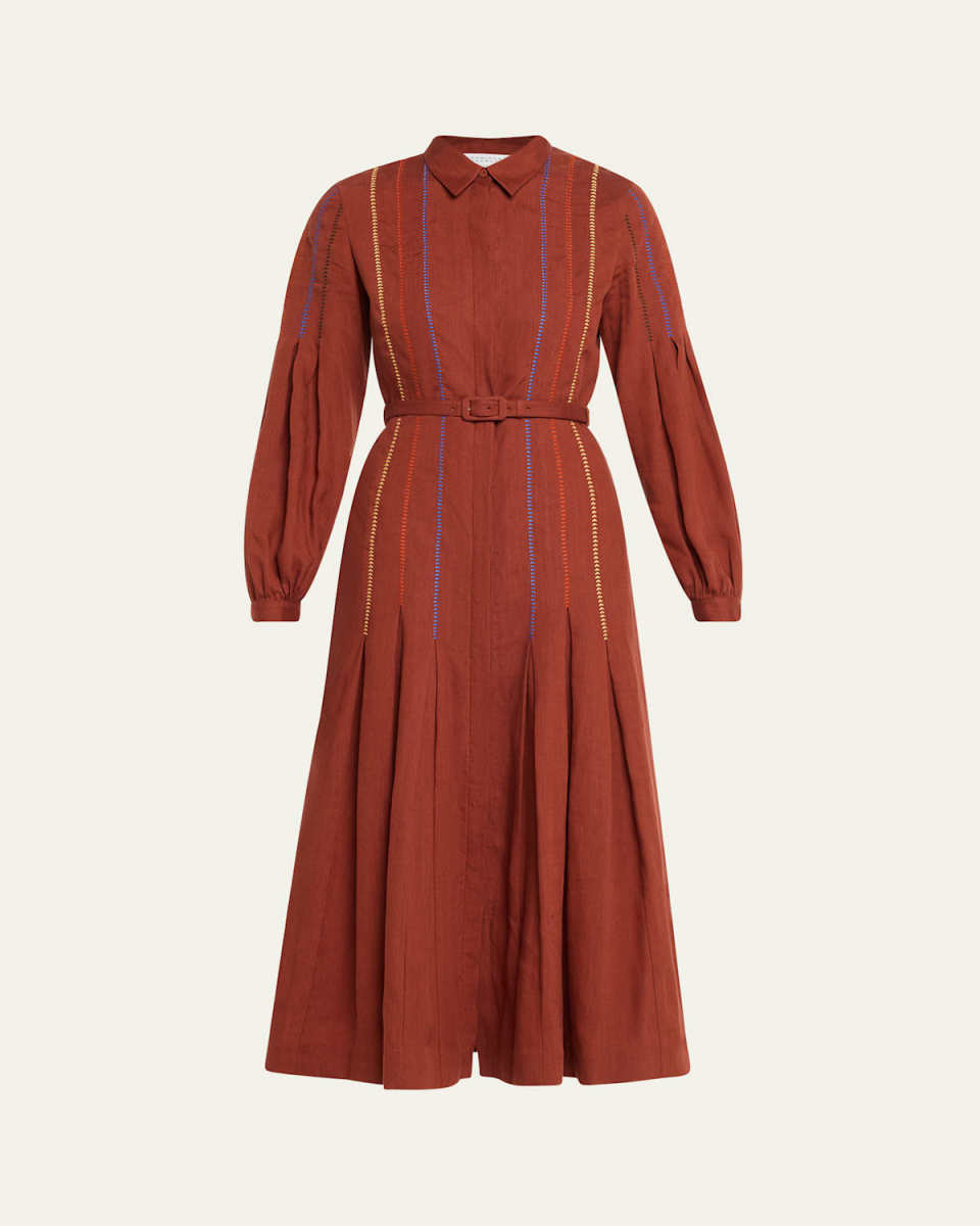 Aleka Pleated Linen Long-Sleeve Midi Shirtdress